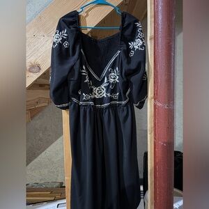 SHEIN Black Dress with White Floral Embroidery
